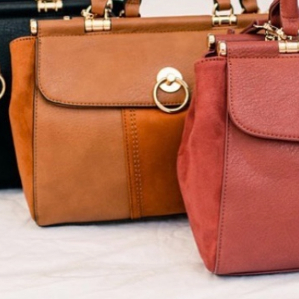 LC Lauren Conrad Brown Vegan Leather Suede Purse Bag  Satchel Handbag Chic